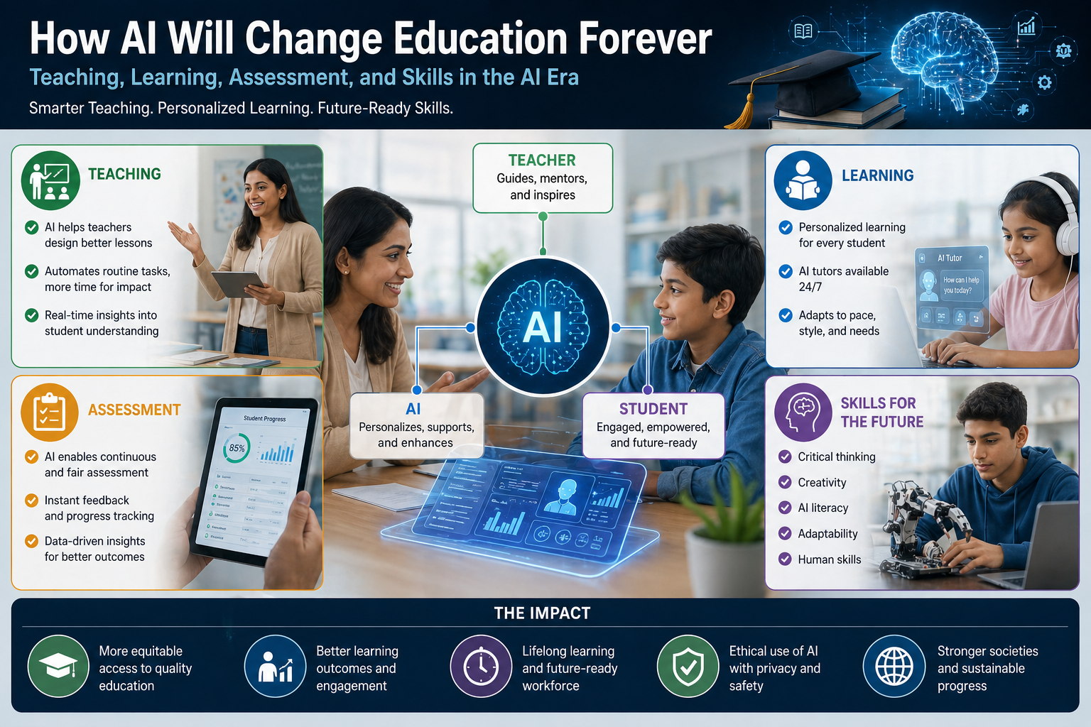 Illustration showing the teacher-AI-student loop, tutoring, assessment, and educational policy