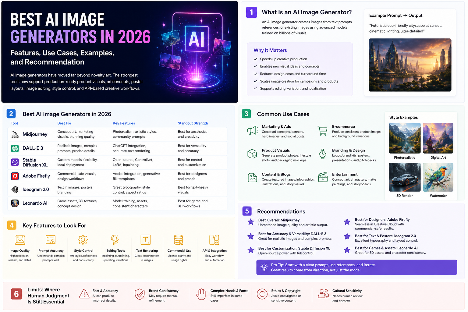 Infographic showing the best AI image generators in 2026, including ChatGPT, Midjourney, Adobe Firefly, Ideogram, Gemini, and Leonardo