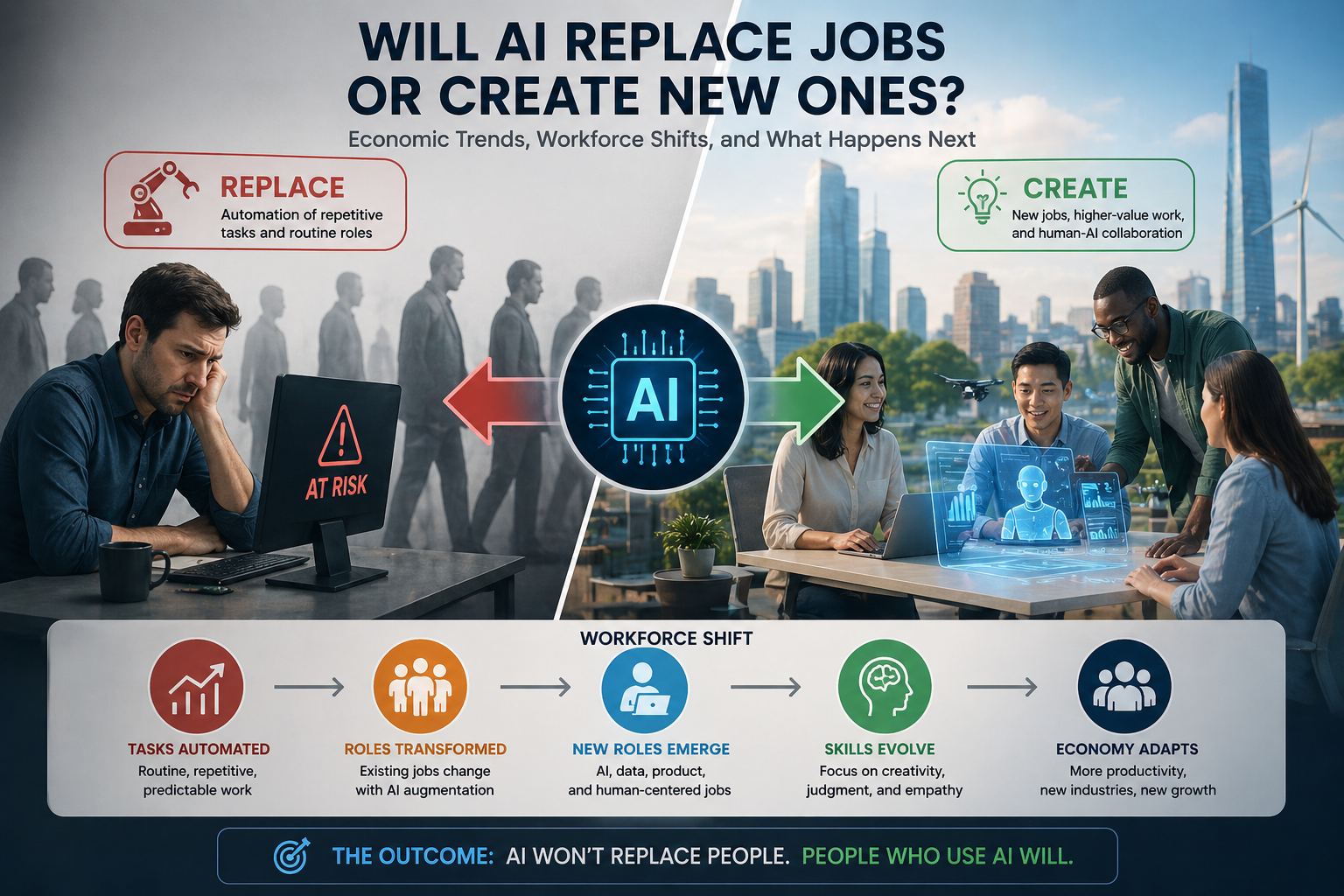 Illustration showing AI job displacement, transition, and creation across the labor market