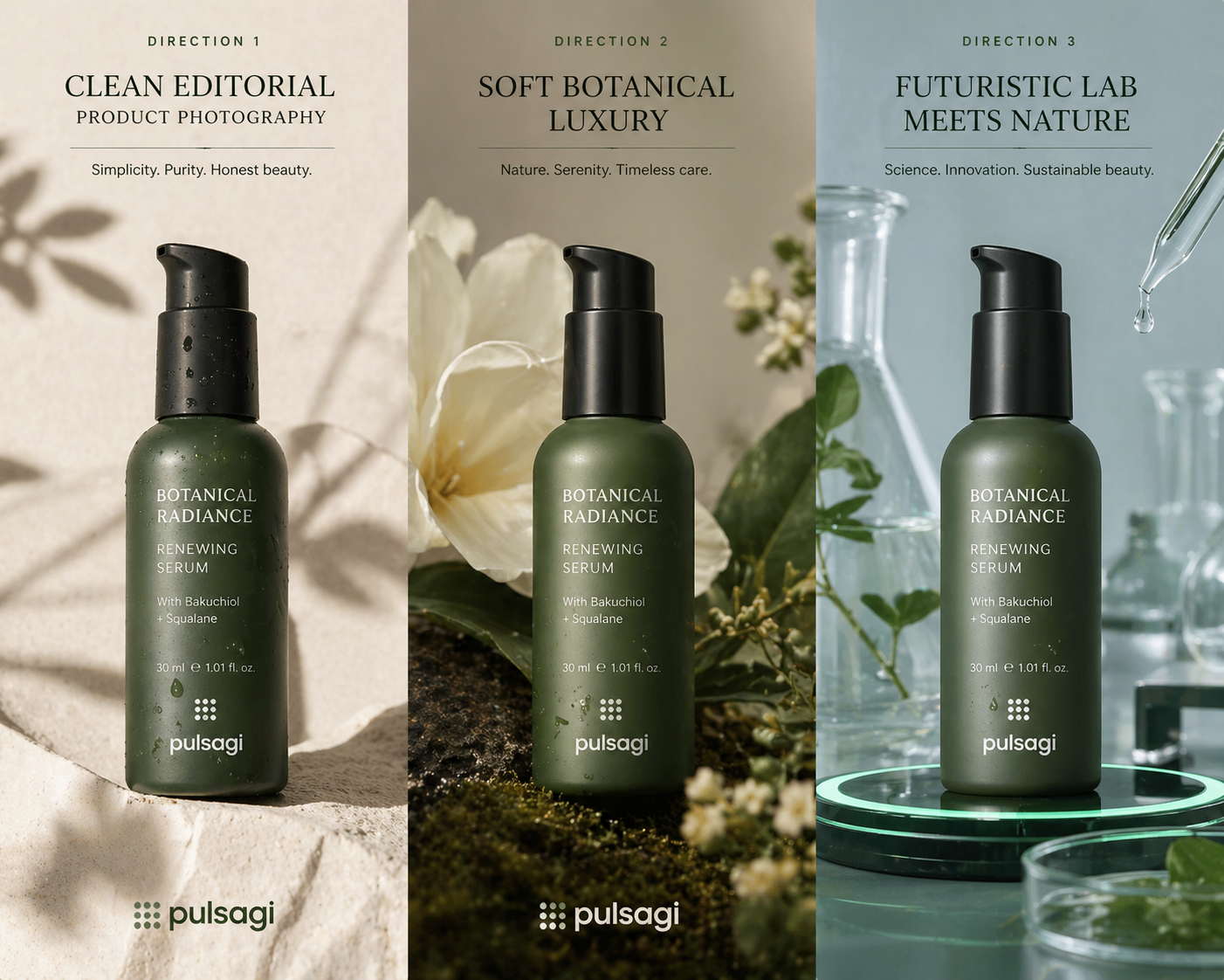 Example campaign concepting output showing three visual directions for the same skincare product: clean editorial, soft botanical luxury, and futuristic lab meets nature