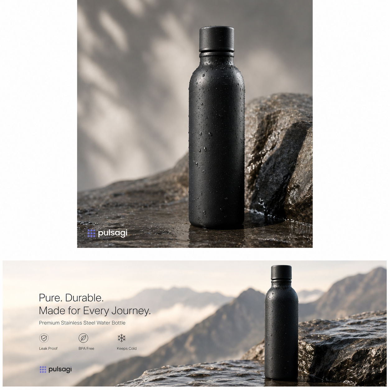 Example ecommerce AI image output showing a matte black stainless steel water bottle in square and banner product-hero compositions