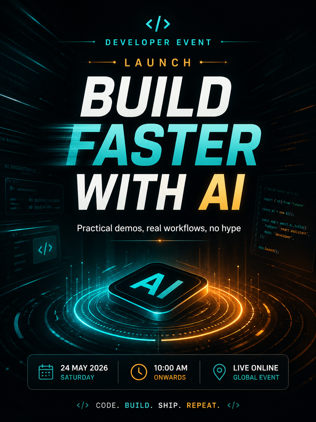 Example AI poster output for a developer event with the headline Build Faster With AI and readable event details