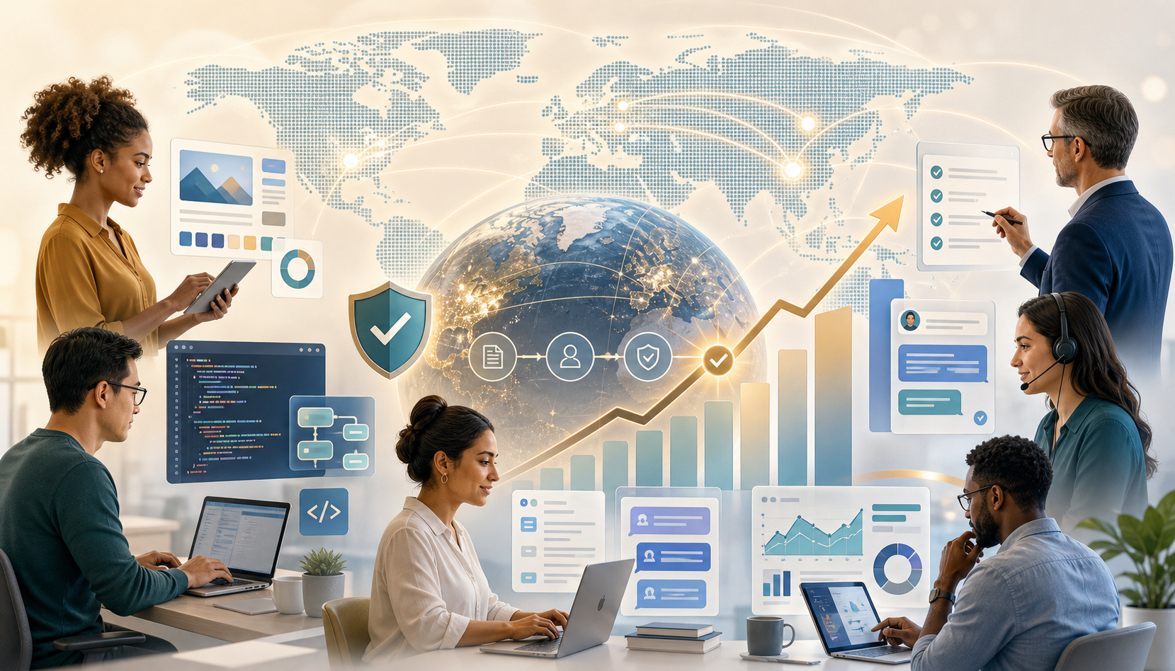 Editorial illustration showing global generative AI adoption across analytics, software engineering, support, governance, and business workflows