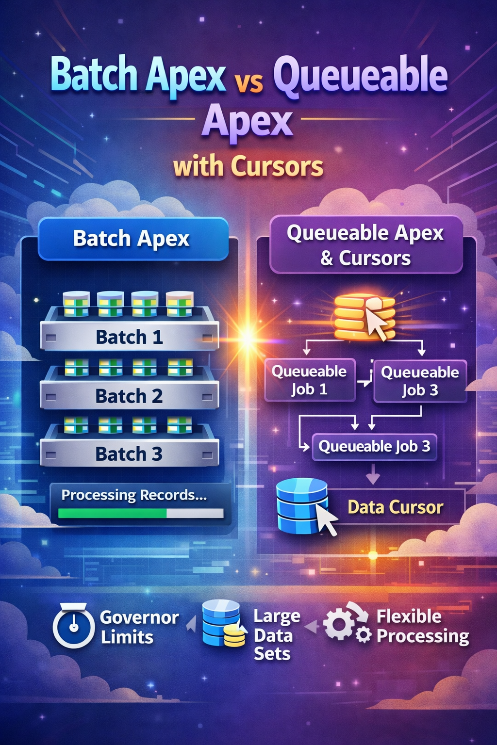 Batch Apex vs Queueable Apex with cursors comparison graphic
