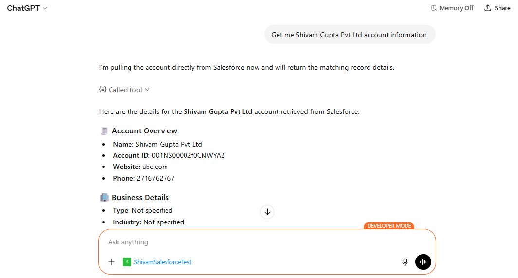 ChatGPT displaying structured Salesforce account data for Shivam Gupta Pvt Ltd including Account ID, Website, Phone, and Business Details