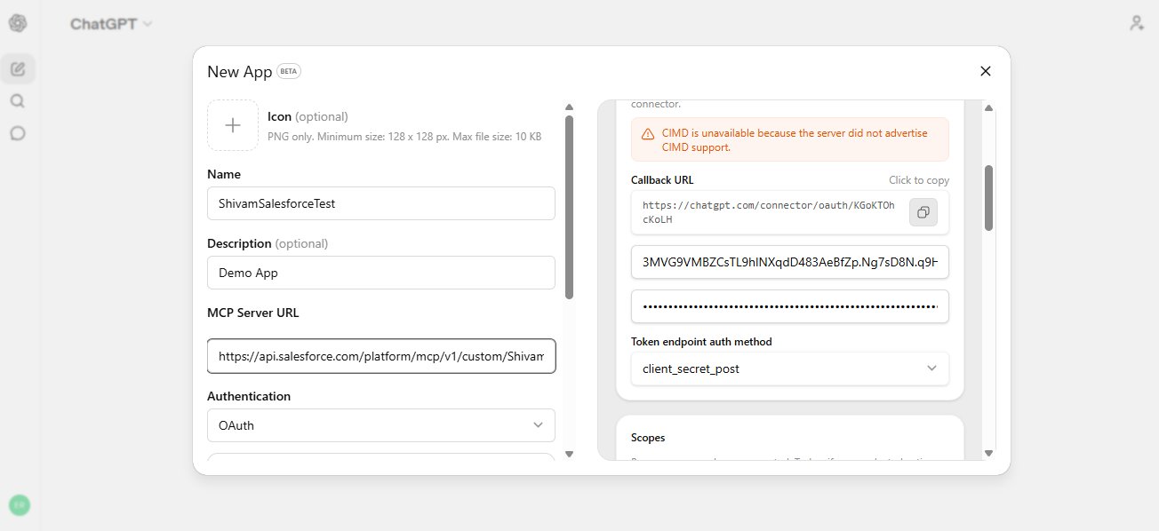 ChatGPT New App dialog showing Salesforce MCP Server URL, OAuth authentication, OAuth client ID, and callback URL settings