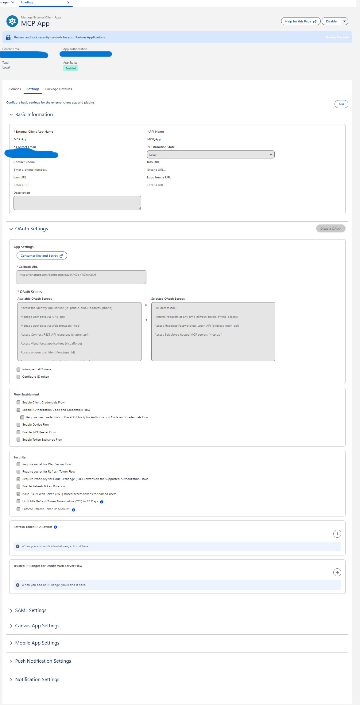 Salesforce External Client App Manager settings showing OAuth scopes and PKCE security settings for a ChatGPT MCP connector