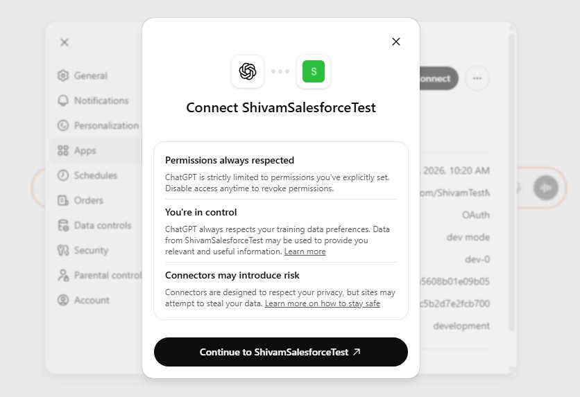 ChatGPT OAuth consent screen for a Salesforce connector with permission notices and Continue button