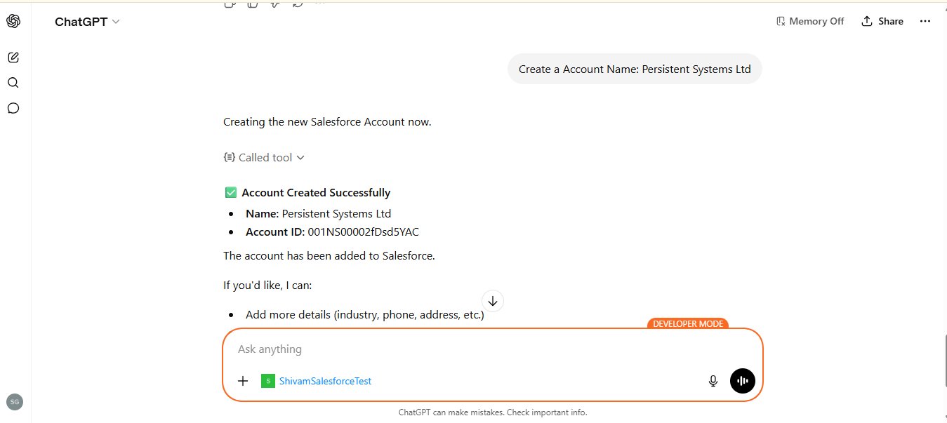 ChatGPT confirming that a new Salesforce Account named Persistent Systems Ltd was created successfully with an Account ID