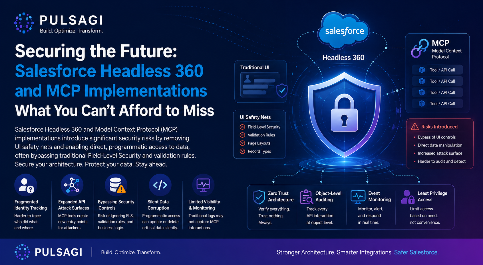 Salesforce Headless 360 and MCP security infographic showing the loss of UI safety nets and the controls needed to secure agent-driven access