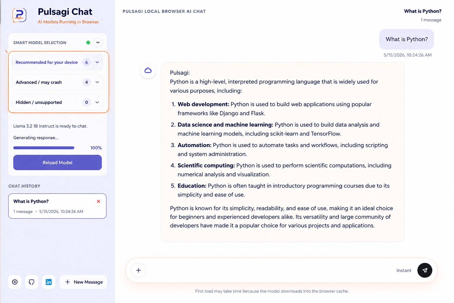 Pulsagi Chat landing screen highlighting privacy, offline use, transparency, and fast performance.