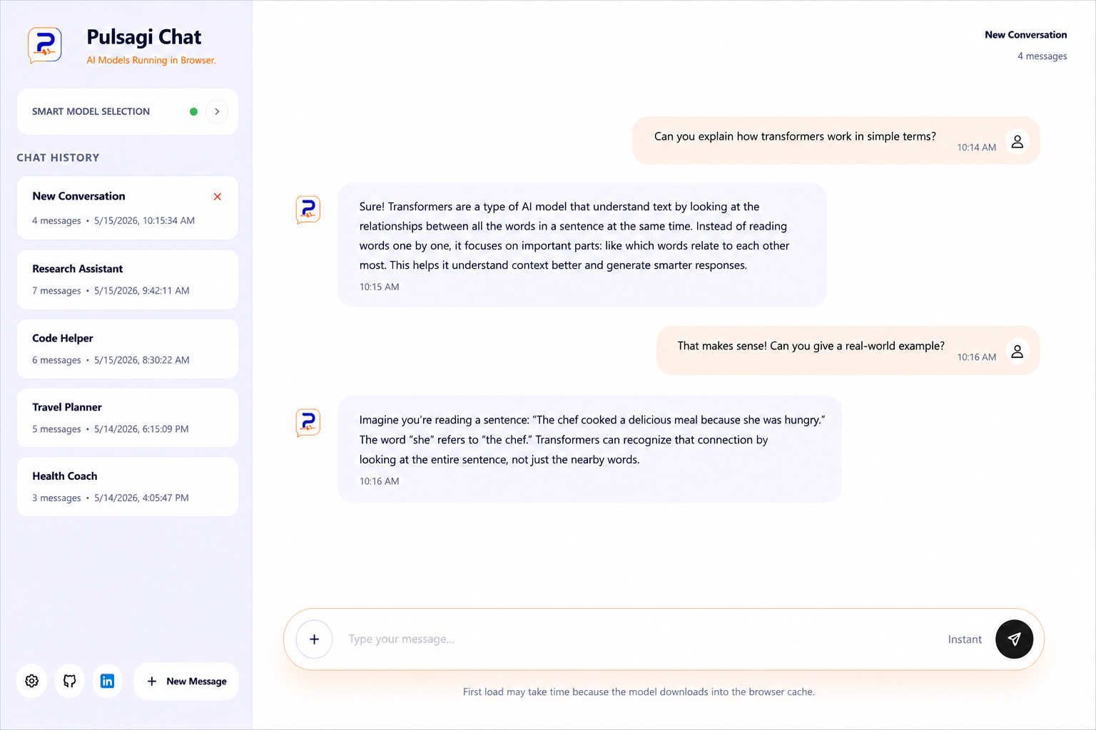 Pulsagi Chat model selection view showing local model recommendations for the browser.